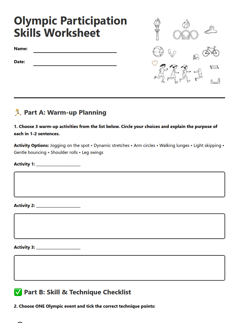 Olympic Participation Skills Worksheet