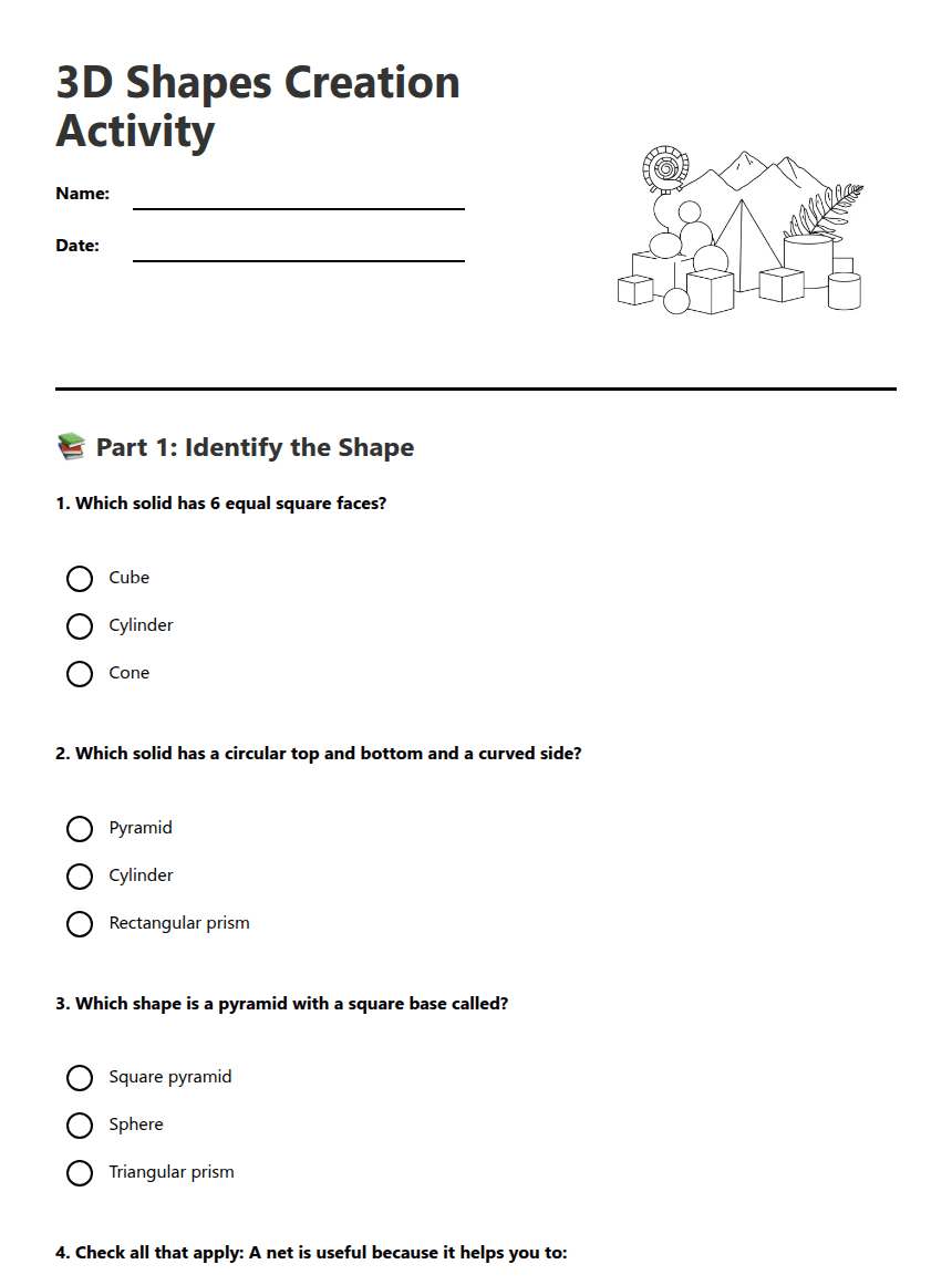 3D Shapes Creation Activity worksheet preview