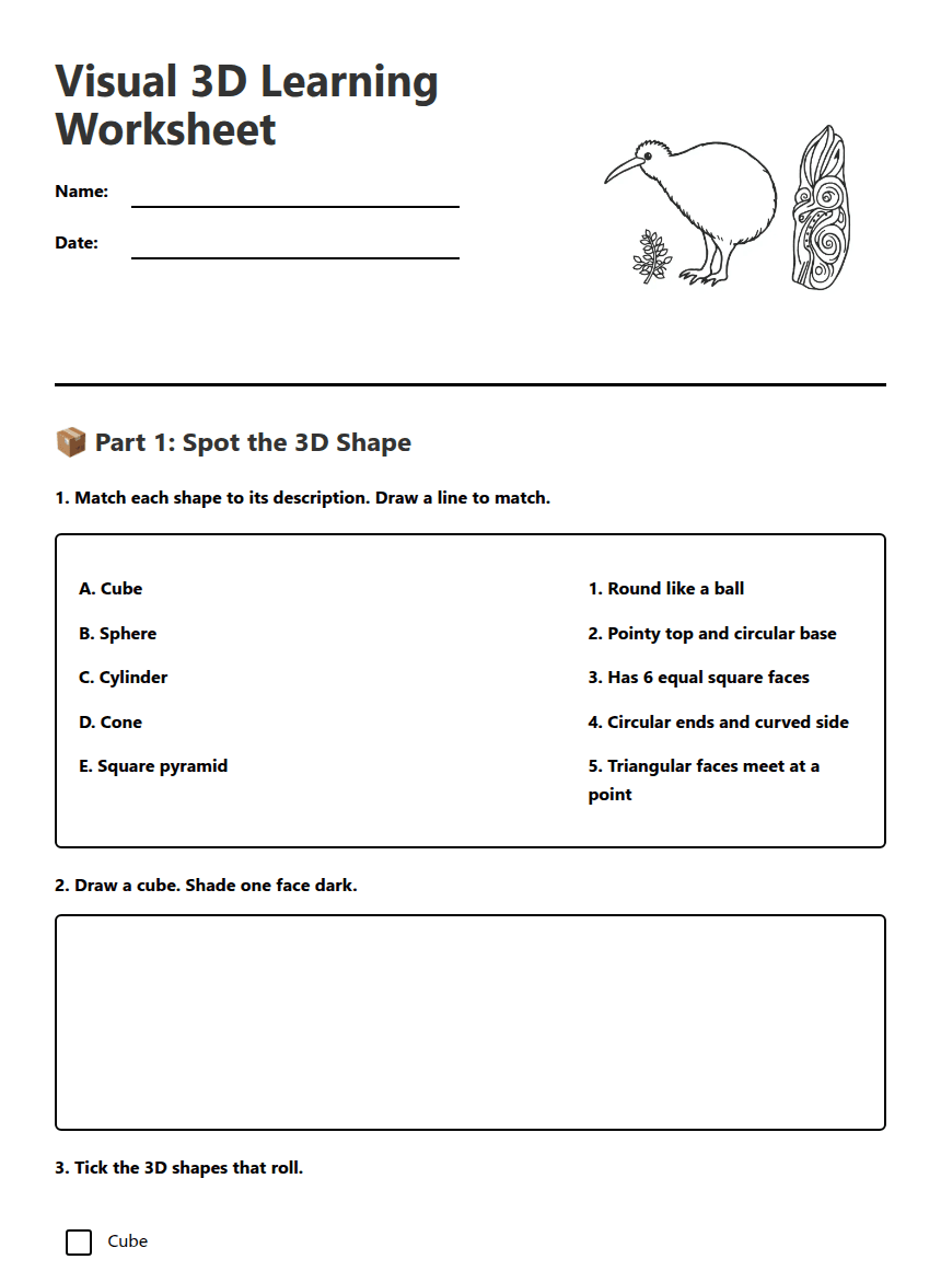 Visual 3D Learning Worksheet worksheet preview
