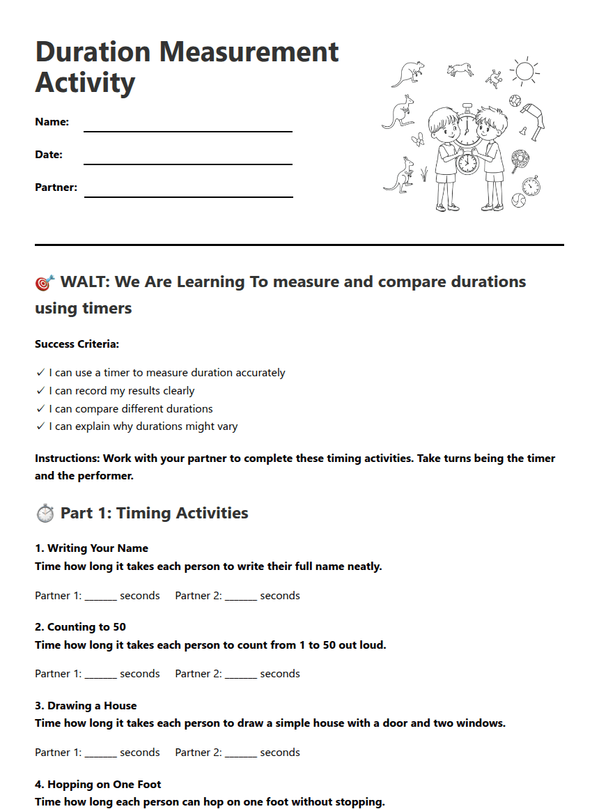 Duration Measurement Activity worksheet preview