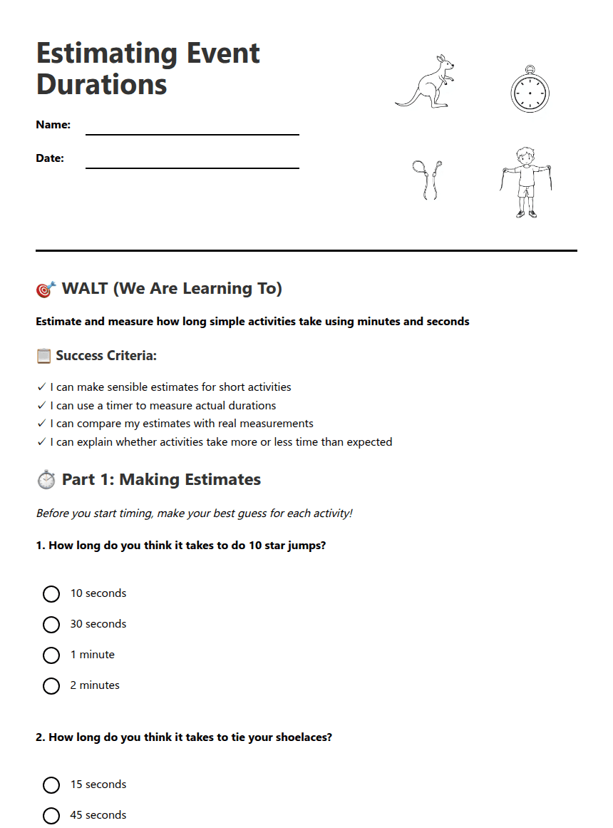 Estimating Event Durations worksheet preview
