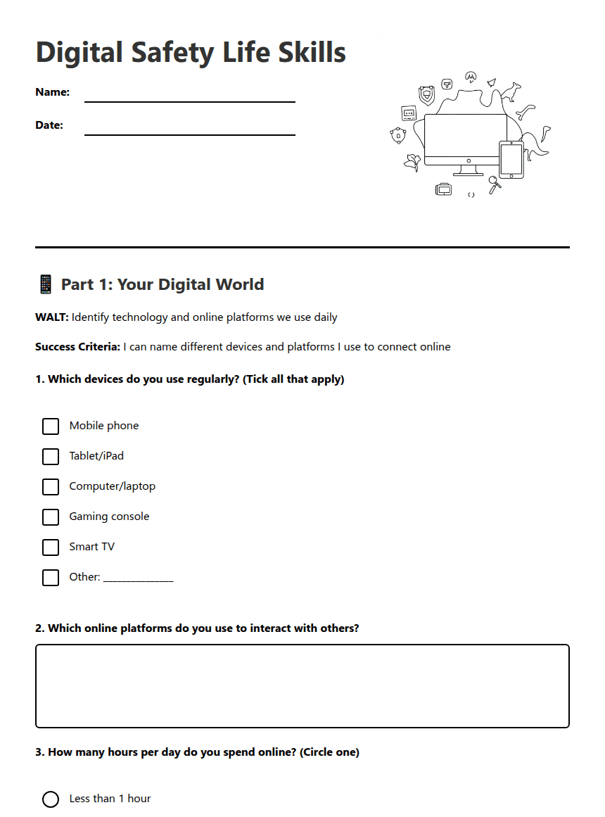 Digital Safety Life Skills worksheet preview