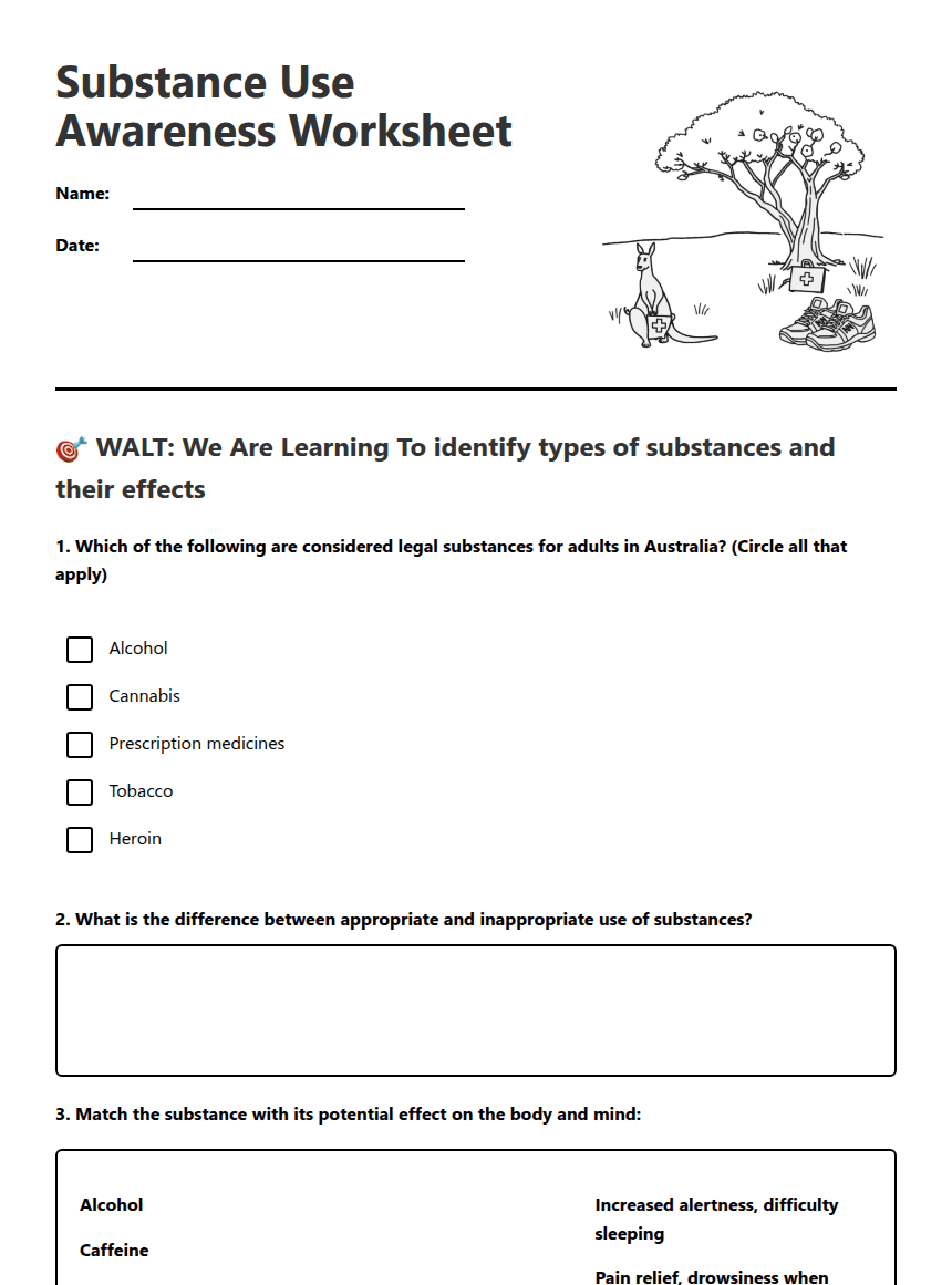 Substance Use Awareness Worksheet worksheet preview