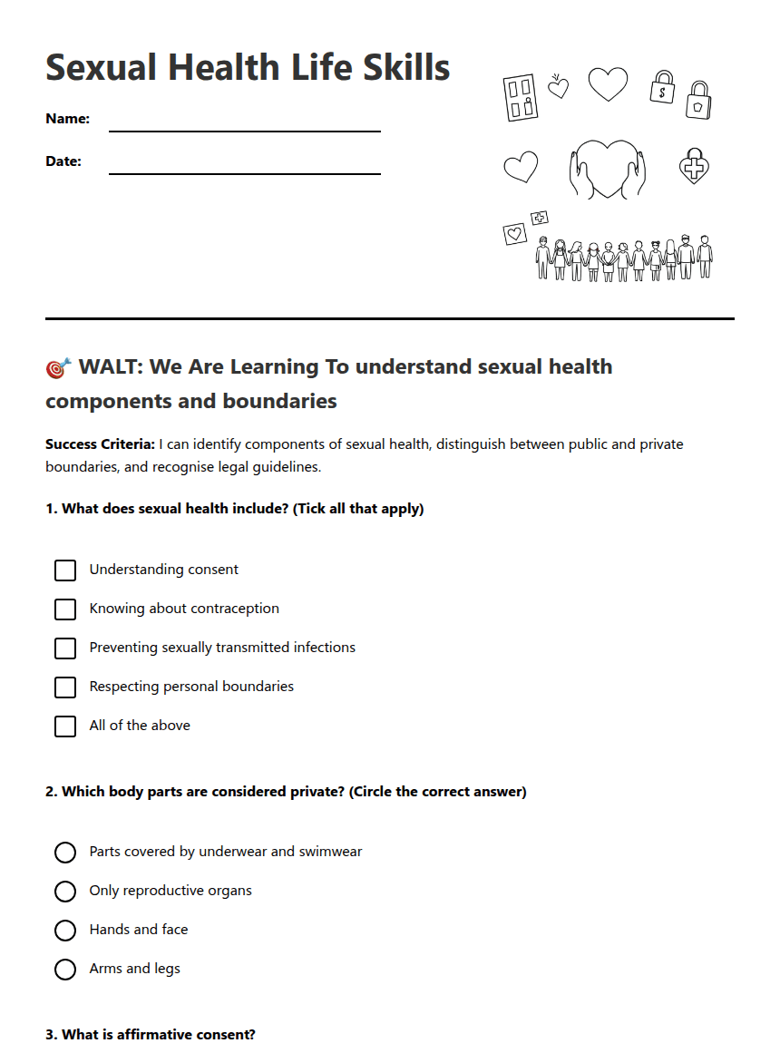 Sexual Health Life Skills worksheet preview