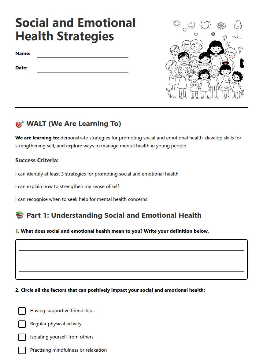 Social and Emotional Health Strategies worksheet preview