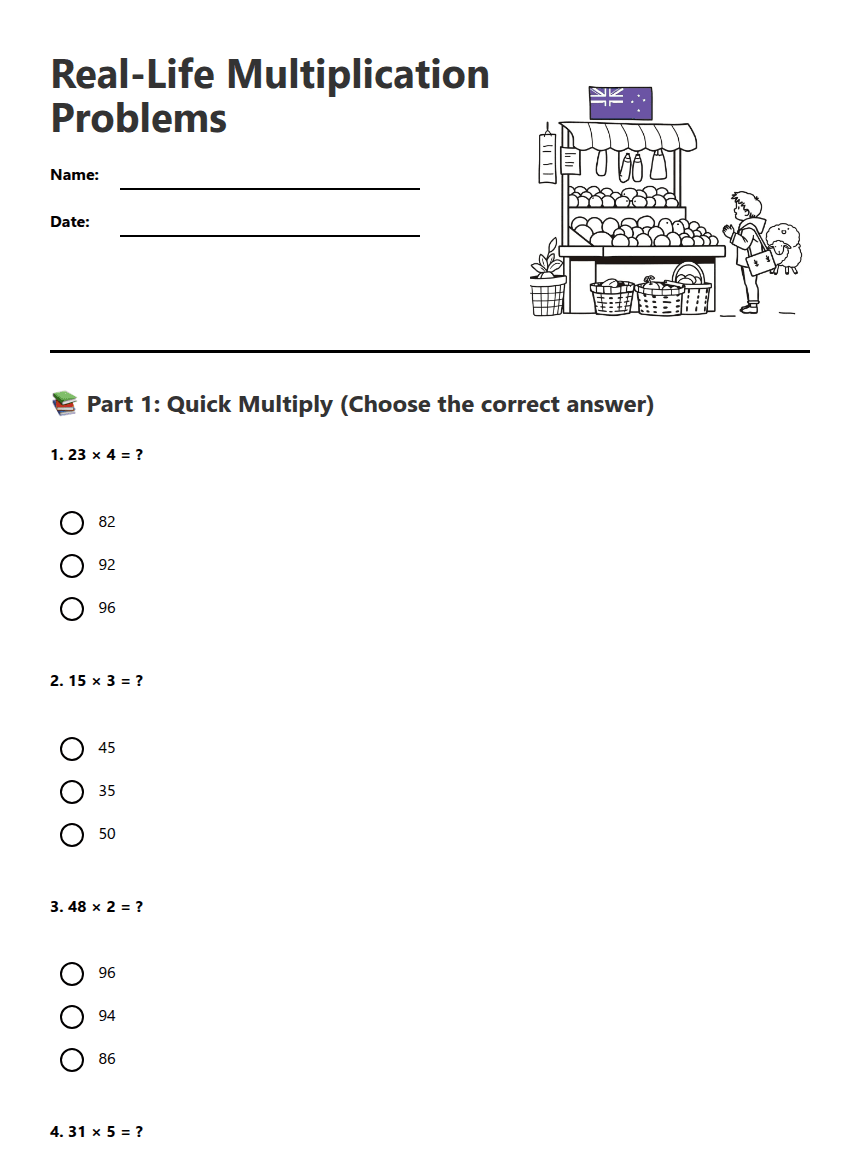 Real-Life Multiplication Problems worksheet preview