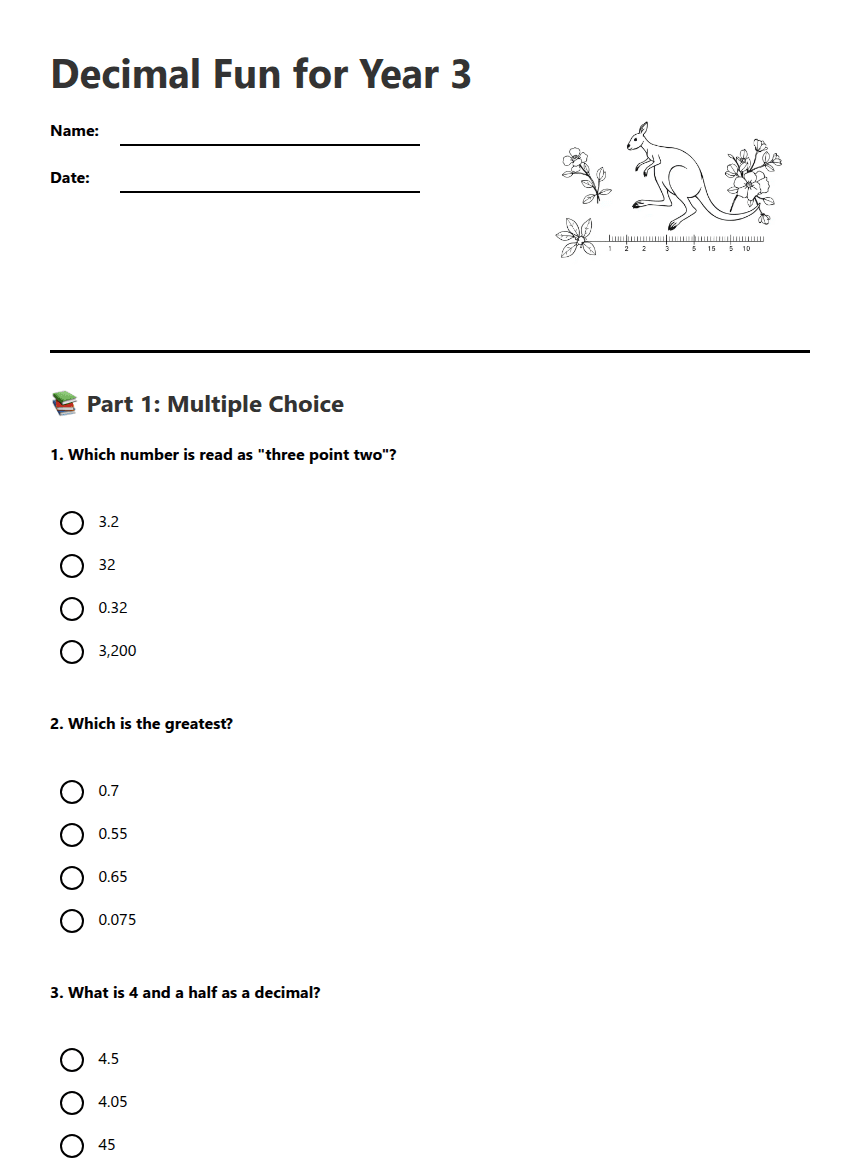 Decimal Fun for Year 3 worksheet preview