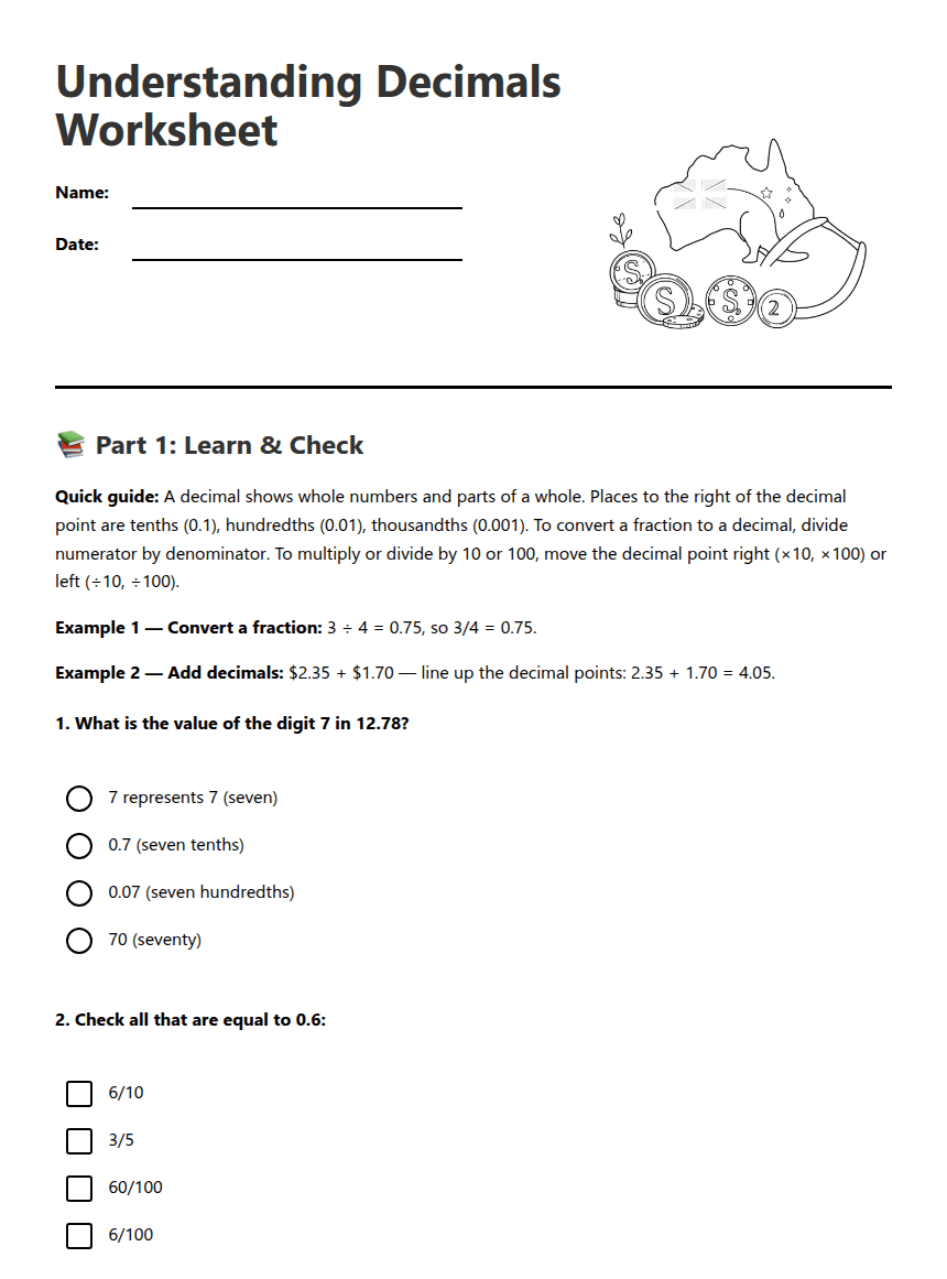 Understanding Decimals Worksheet worksheet preview