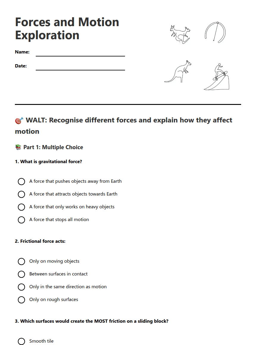 Forces and Motion Exploration worksheet preview