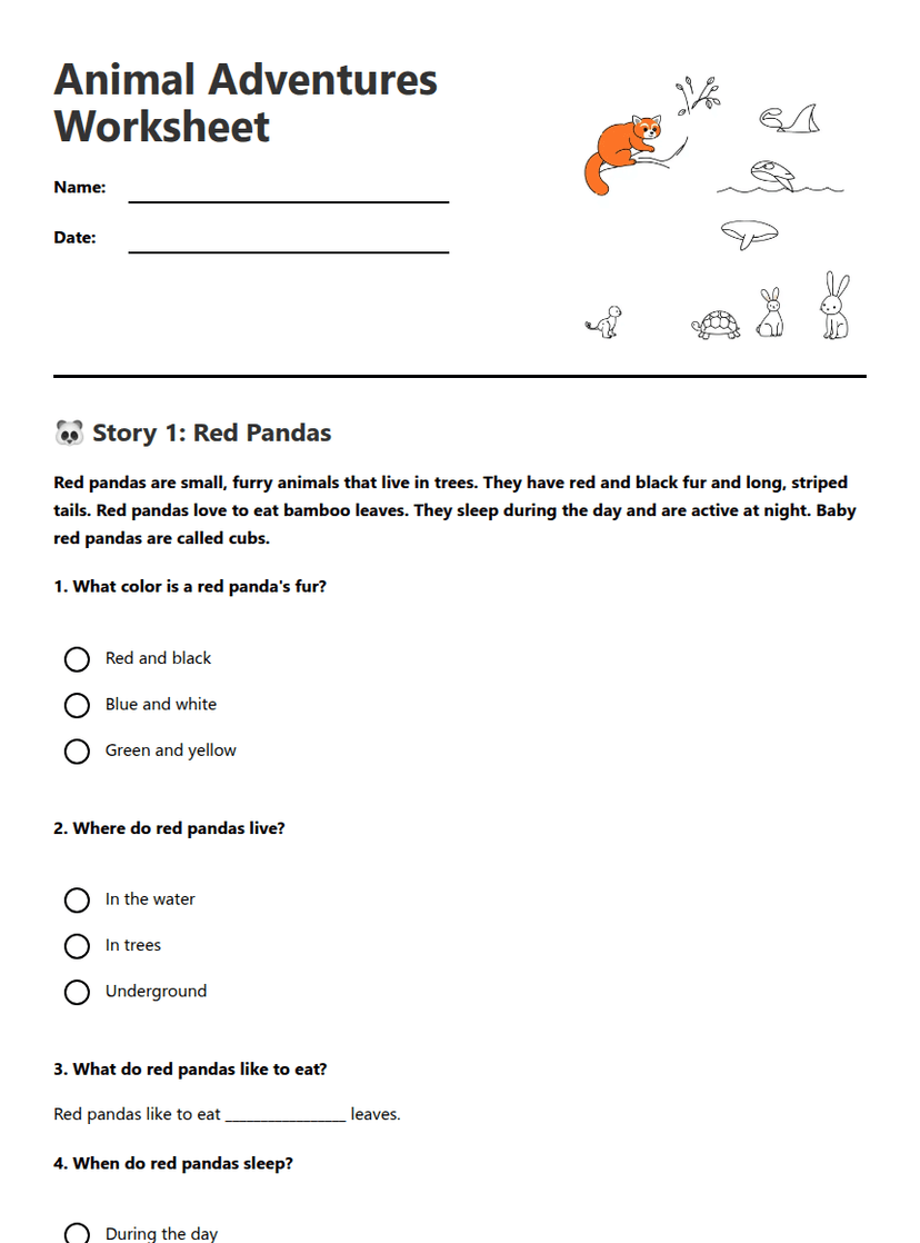 Animal Adventures Worksheet