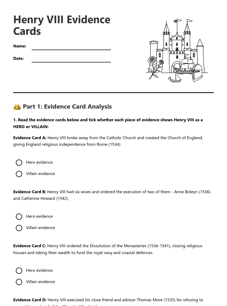 Henry VIII Evidence Cards worksheet preview