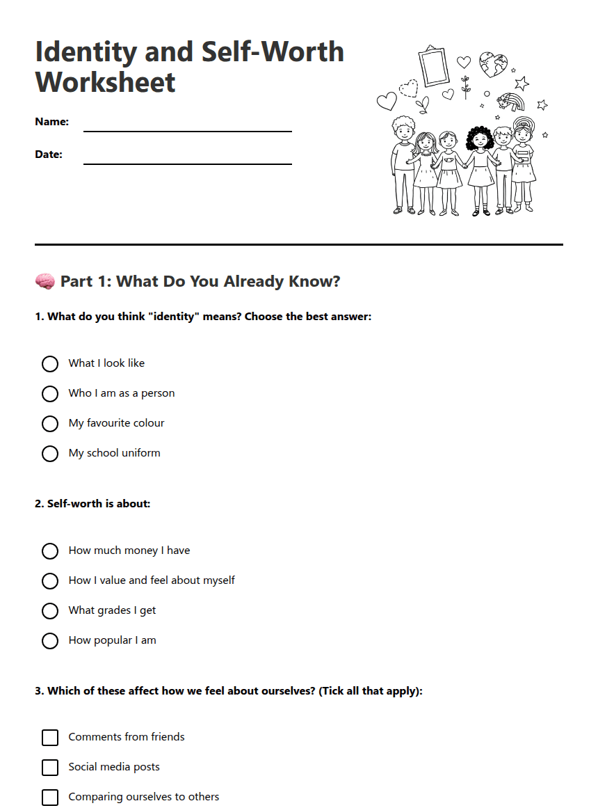 Identity and Self-Worth Worksheet worksheet preview