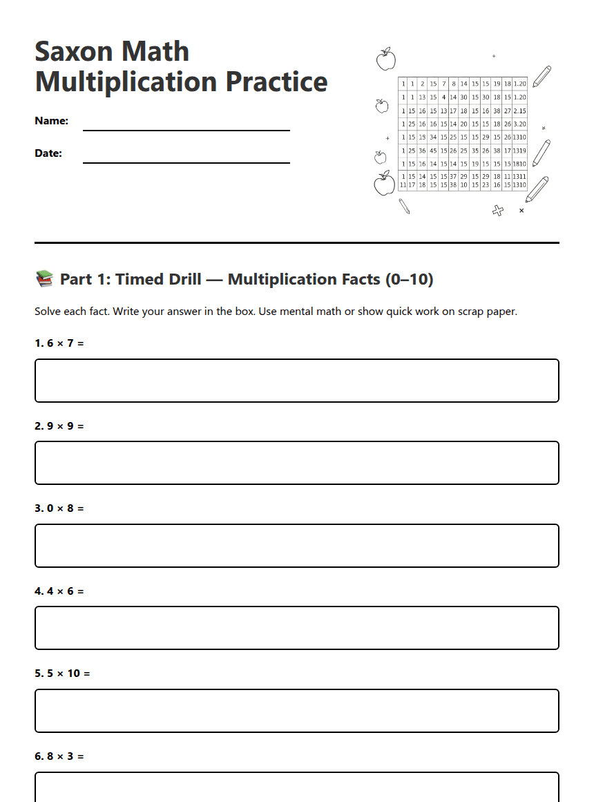 Saxon Math Multiplication Practice worksheet preview