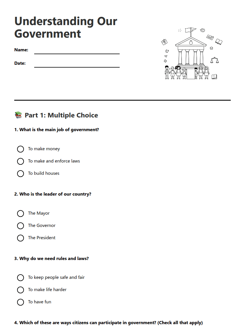 Understanding Our Government worksheet preview