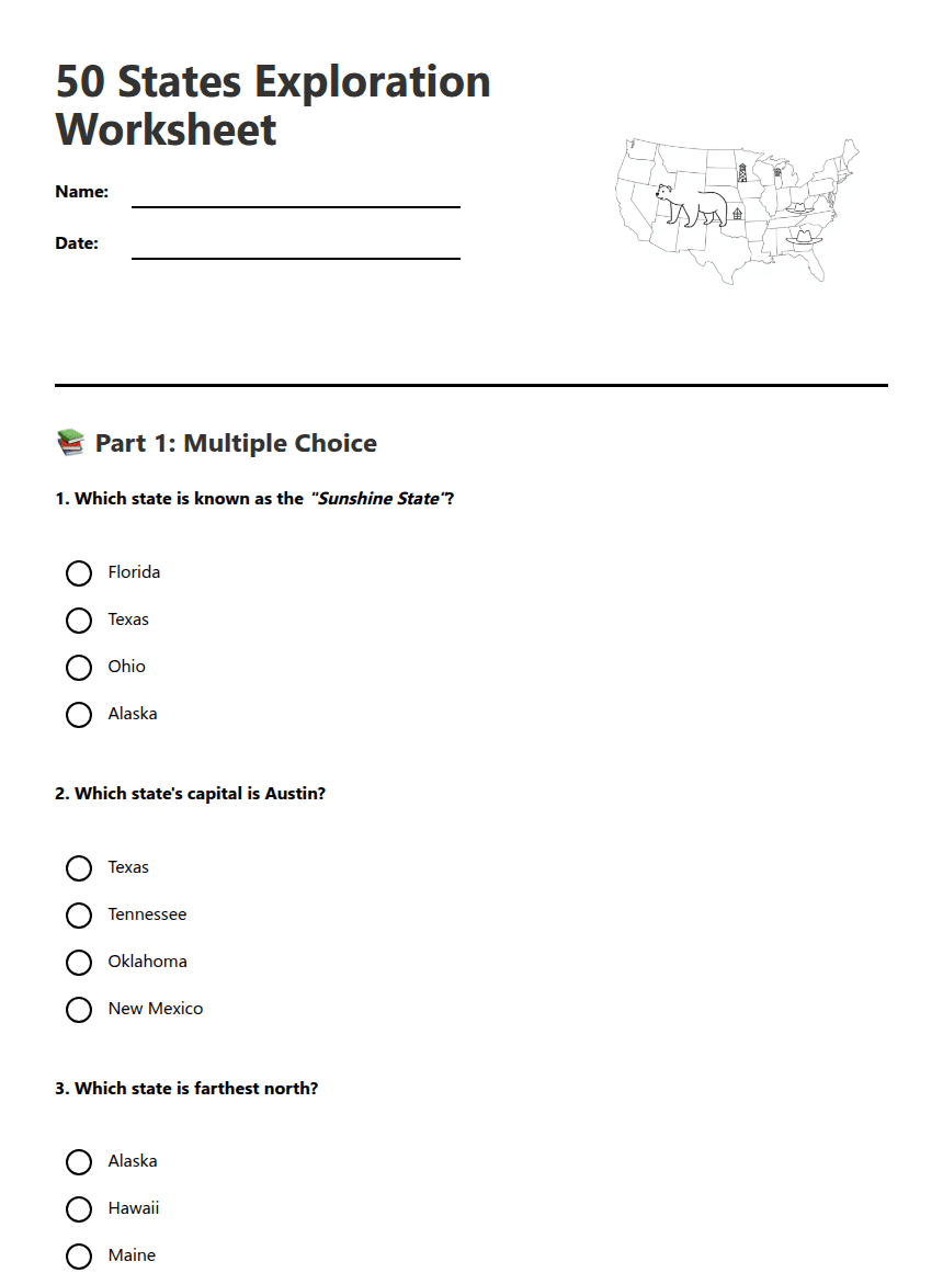 50 States Exploration Worksheet worksheet preview