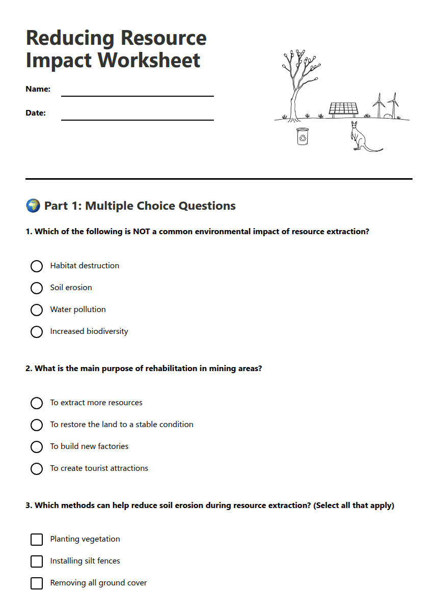 Reducing Resource Impact Worksheet worksheet preview