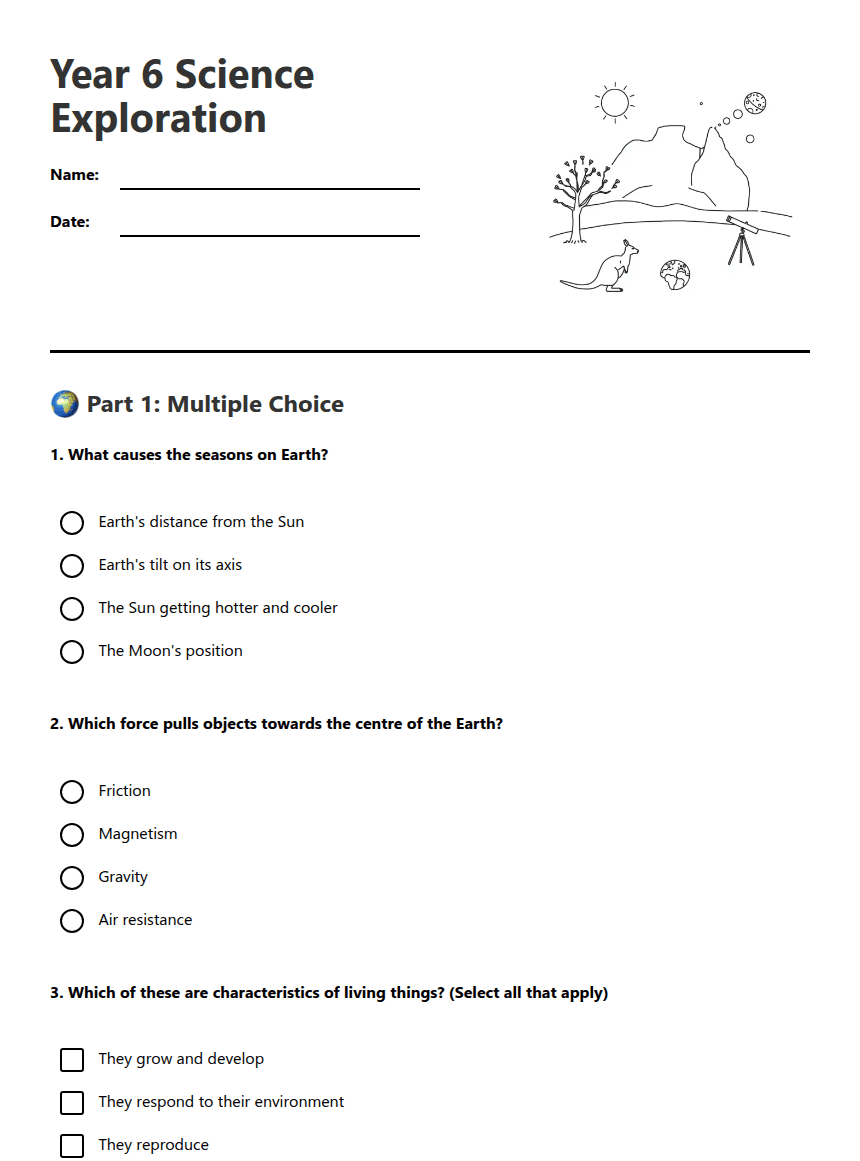 Year 6 Science Exploration worksheet preview