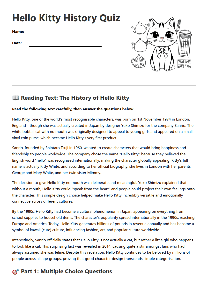 Hello Kitty History Quiz worksheet preview