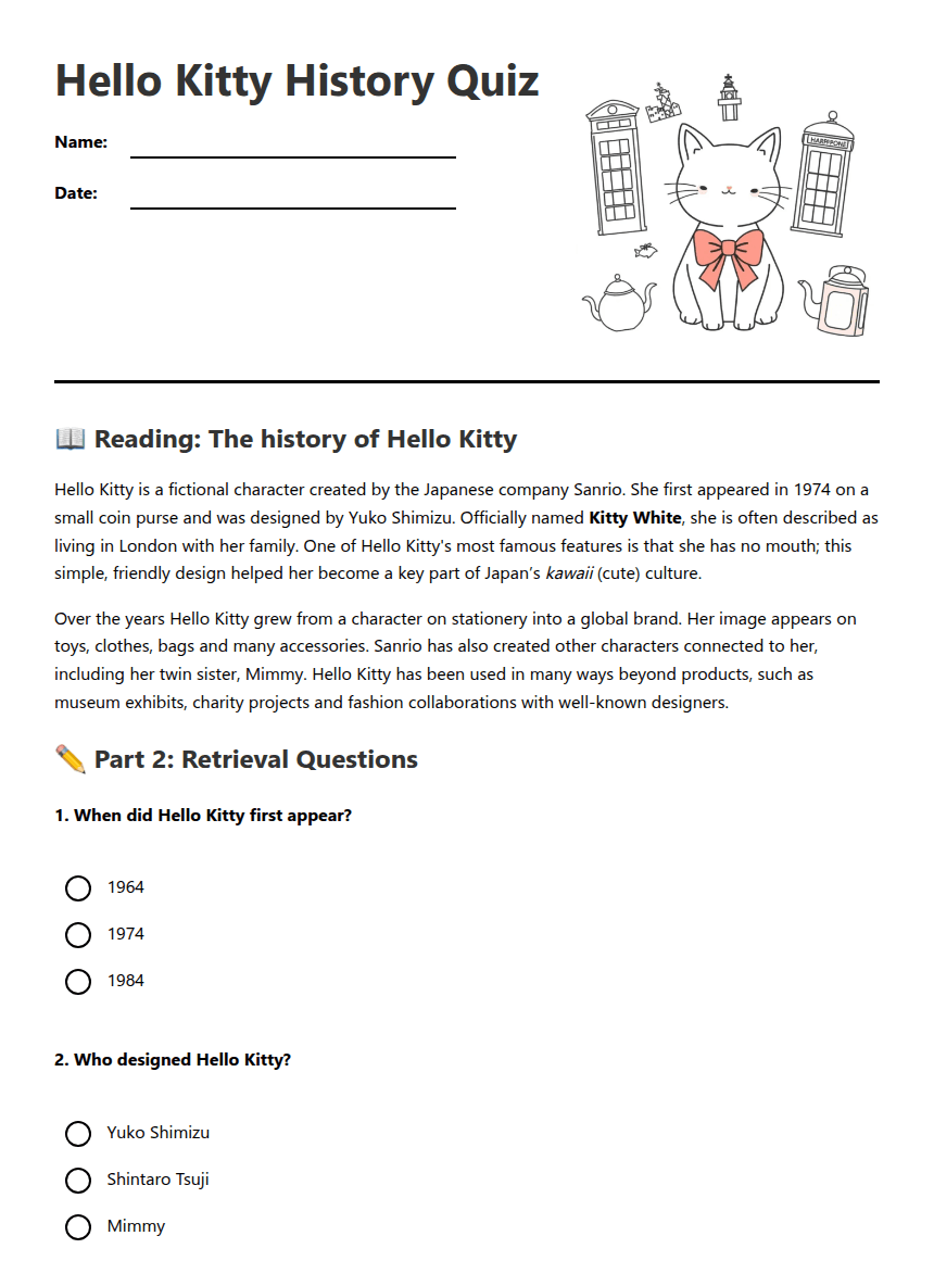 Hello Kitty History Quiz worksheet preview