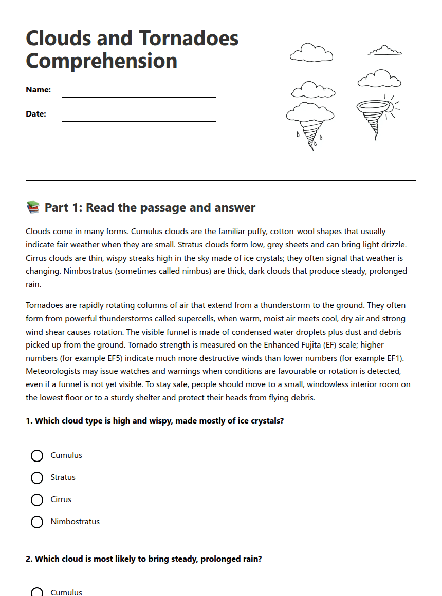 Clouds and Tornadoes Comprehension worksheet preview