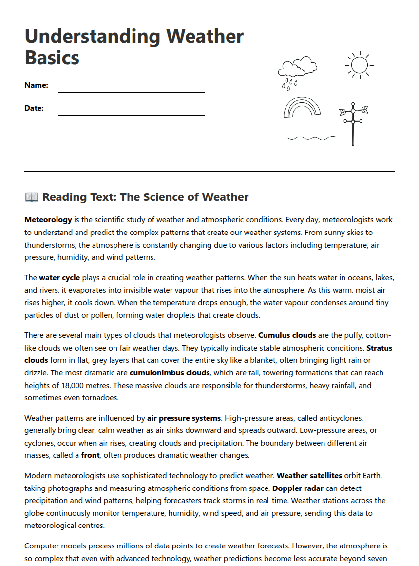 Understanding Weather Basics worksheet preview