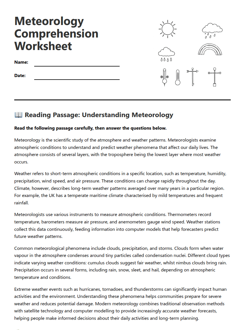 Meteorology Comprehension Worksheet worksheet preview