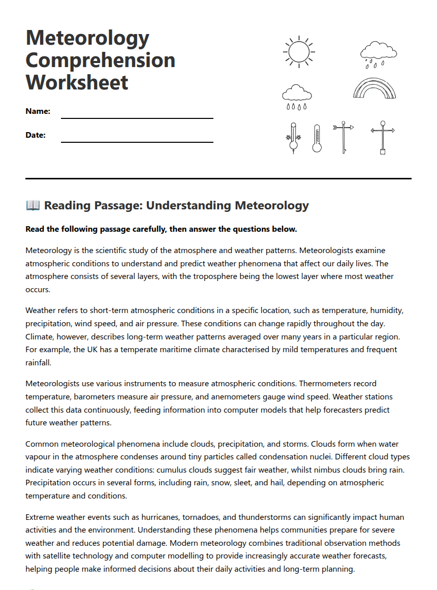 Meteorology Comprehension Worksheet