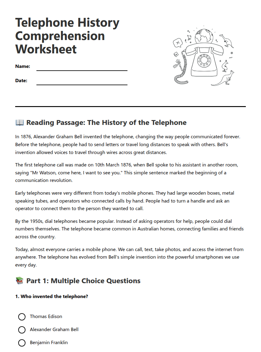 Telephone History Comprehension Worksheet worksheet preview