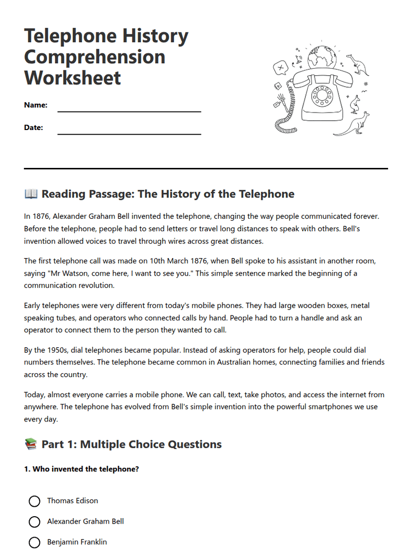 Telephone History Comprehension Worksheet