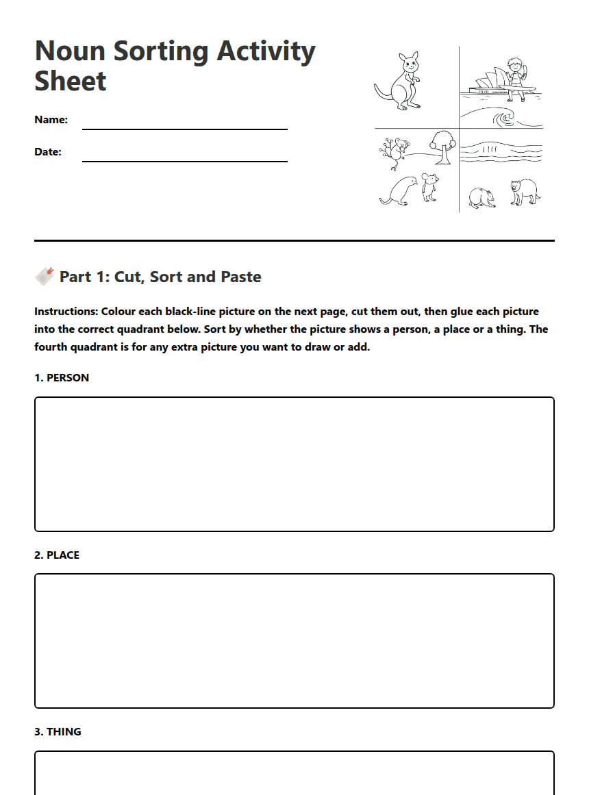 Noun Sorting Activity Sheet worksheet preview