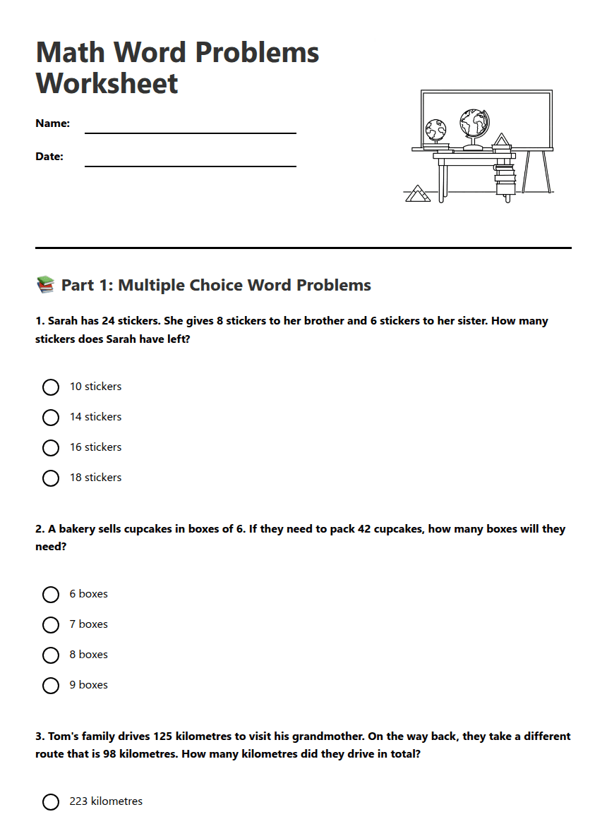 Math Word Problems Worksheet worksheet preview