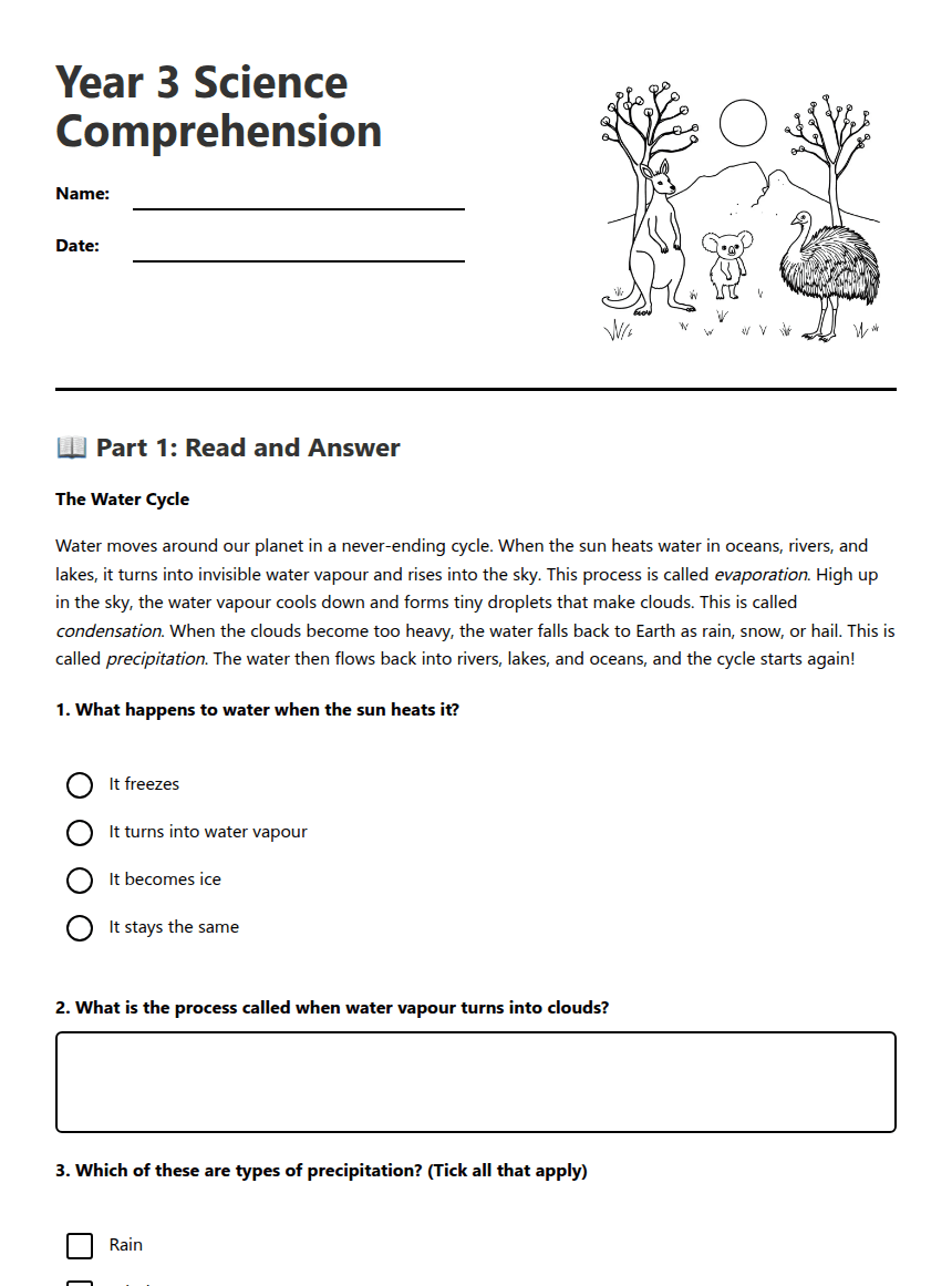 Year 3 Science Comprehension worksheet preview