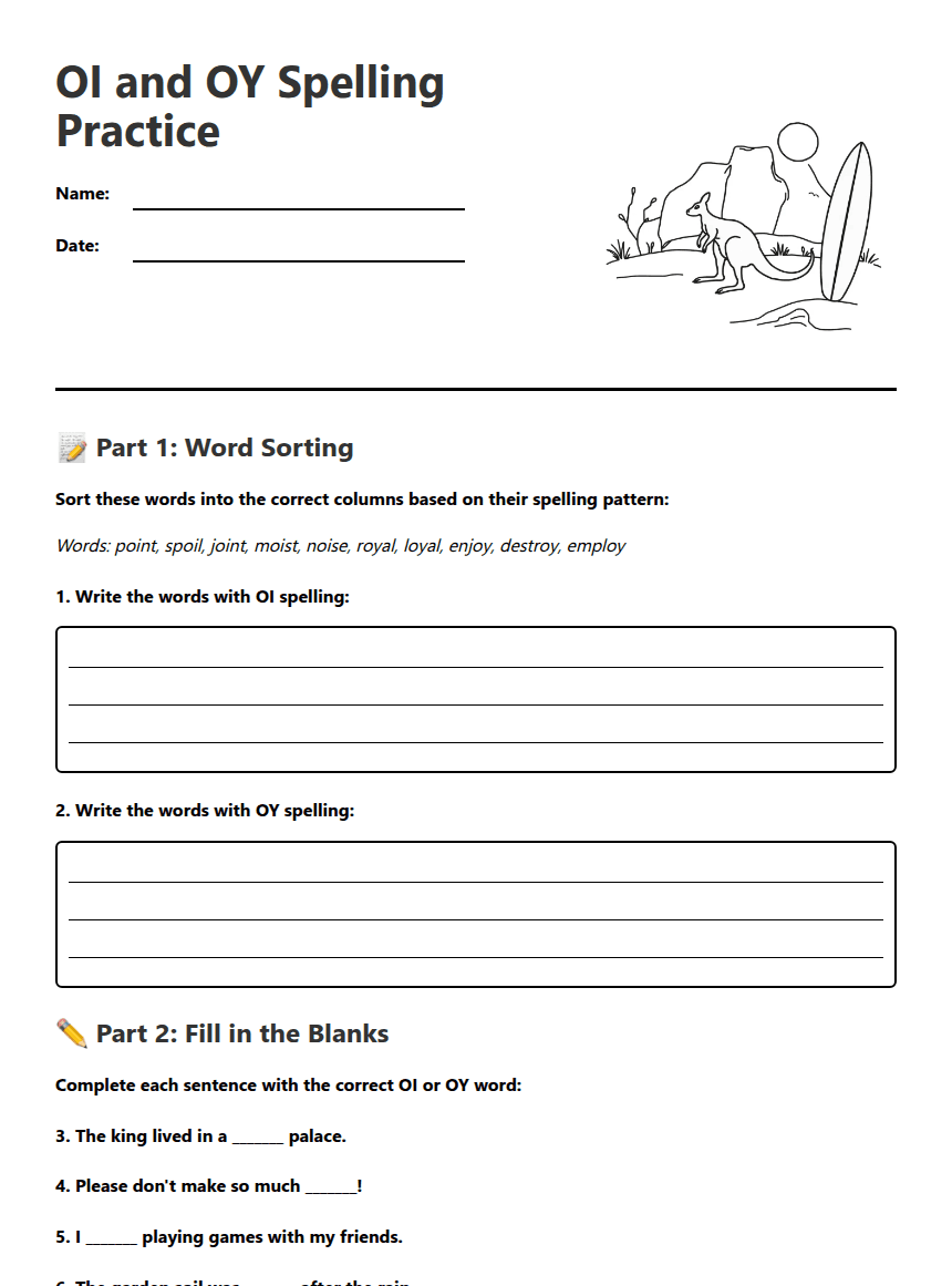 OI and OY Spelling Practice worksheet preview
