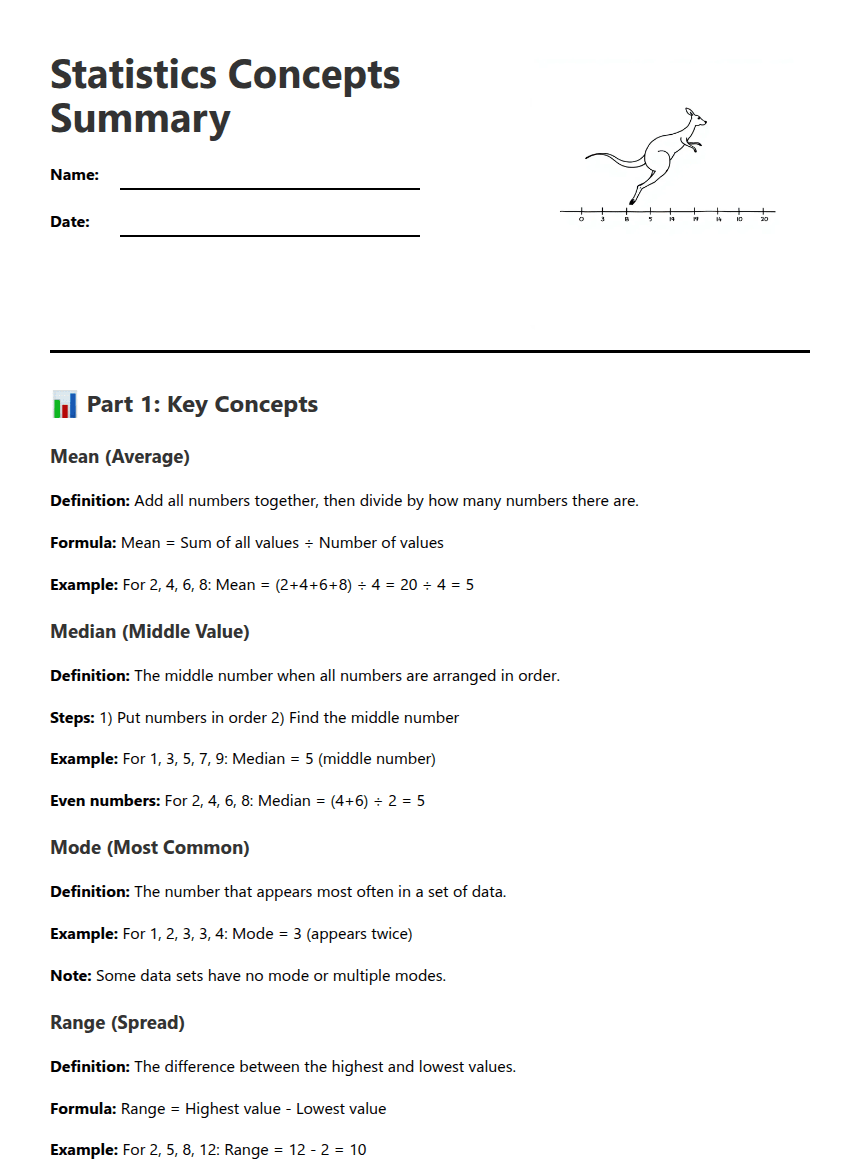 Statistics Concepts Summary worksheet preview