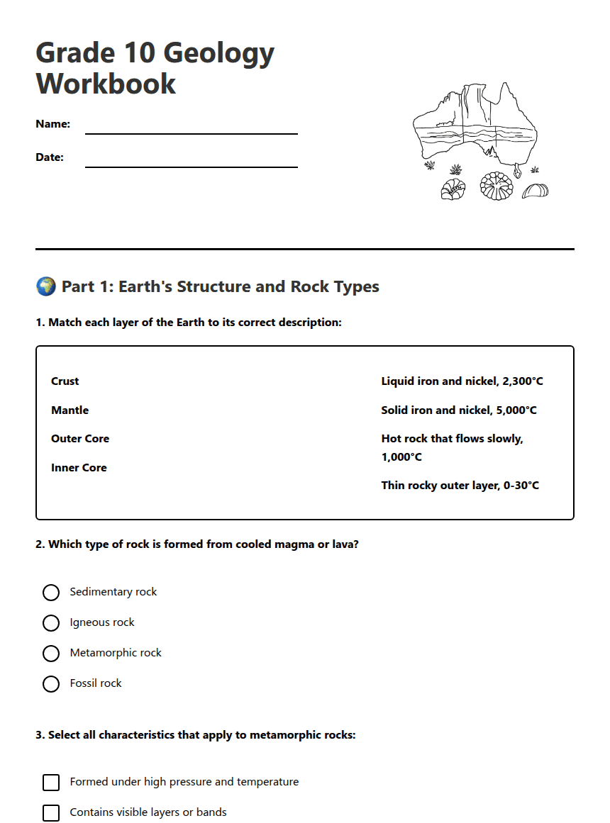 Grade 10 Geology Workbook worksheet preview