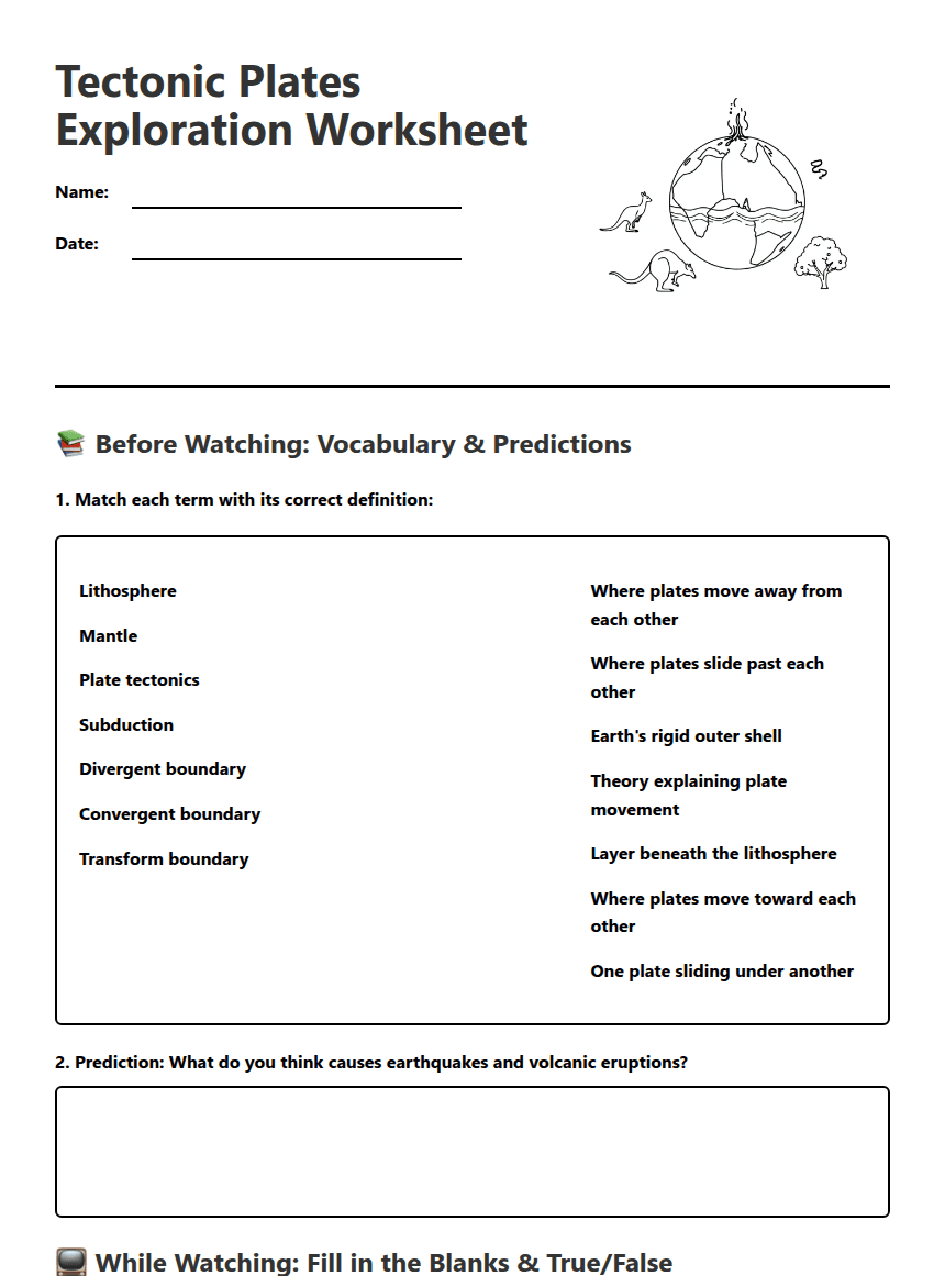 Tectonic Plates Exploration Worksheet worksheet preview