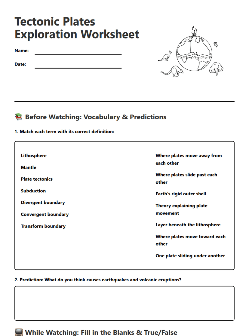 Tectonic Plates Exploration Worksheet