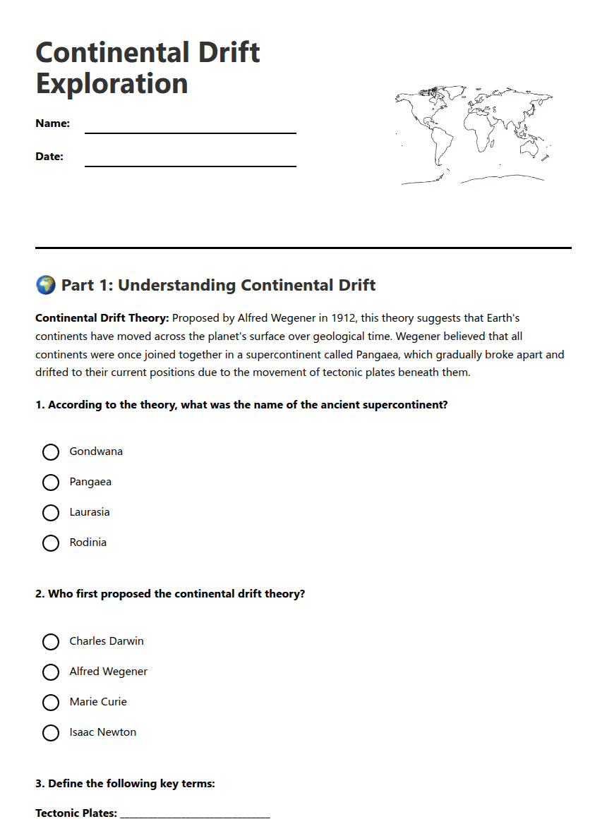 Continental Drift Exploration worksheet preview