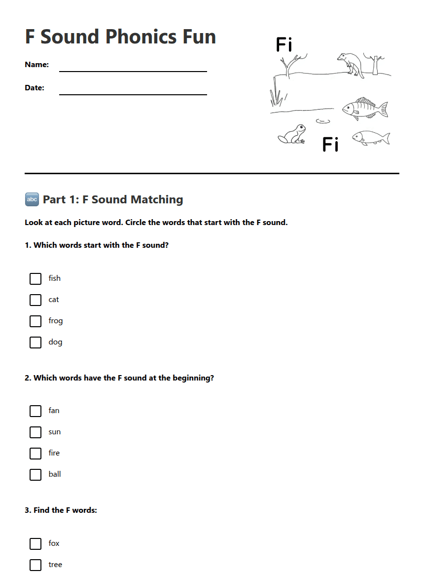 F Sound Phonics Fun worksheet preview