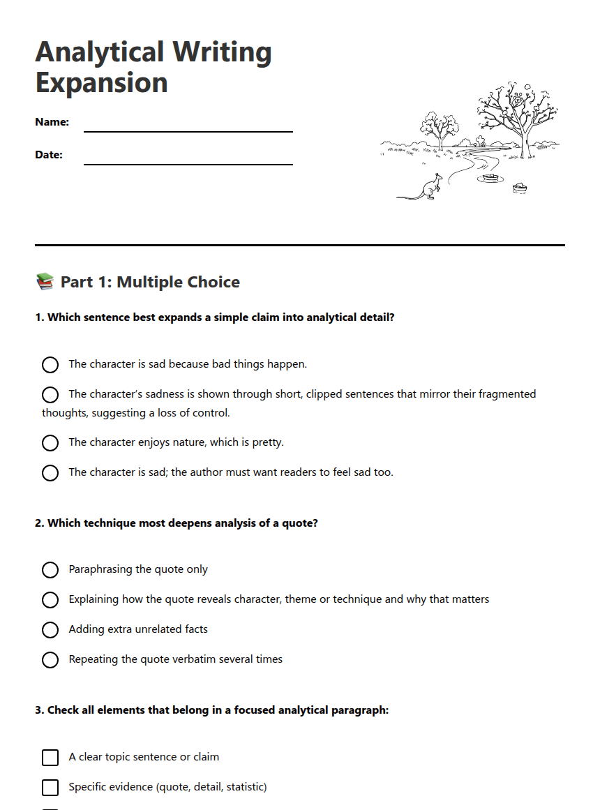Analytical Writing Expansion worksheet preview