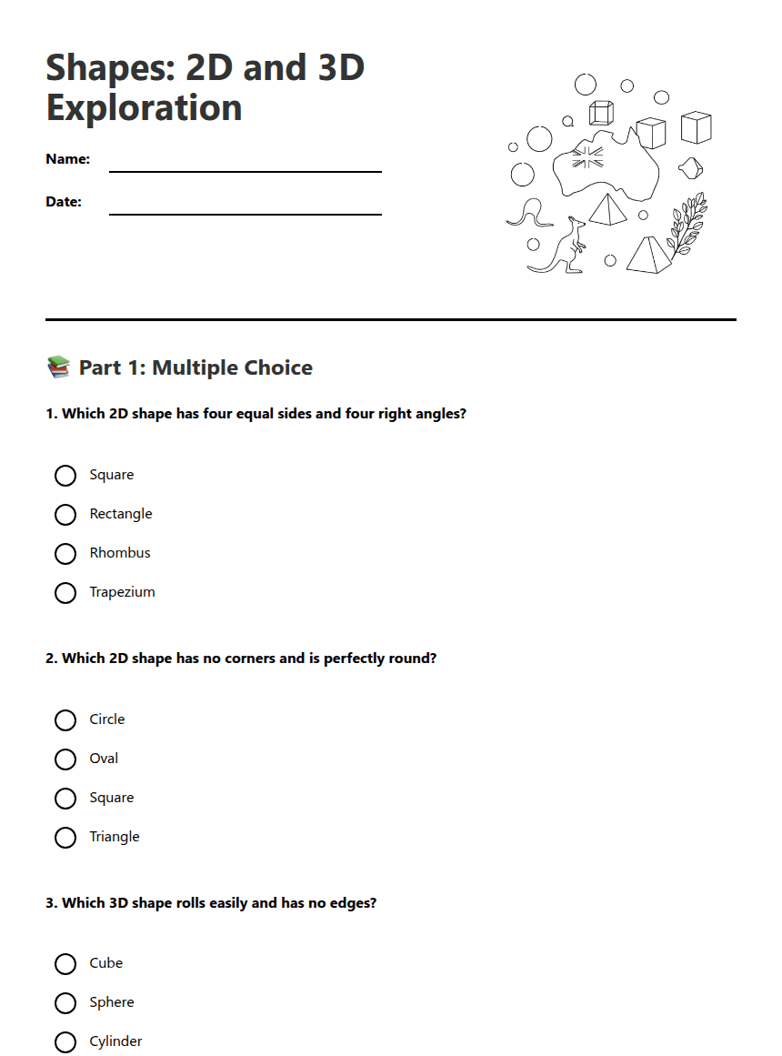 Shapes: 2D and 3D Exploration worksheet preview