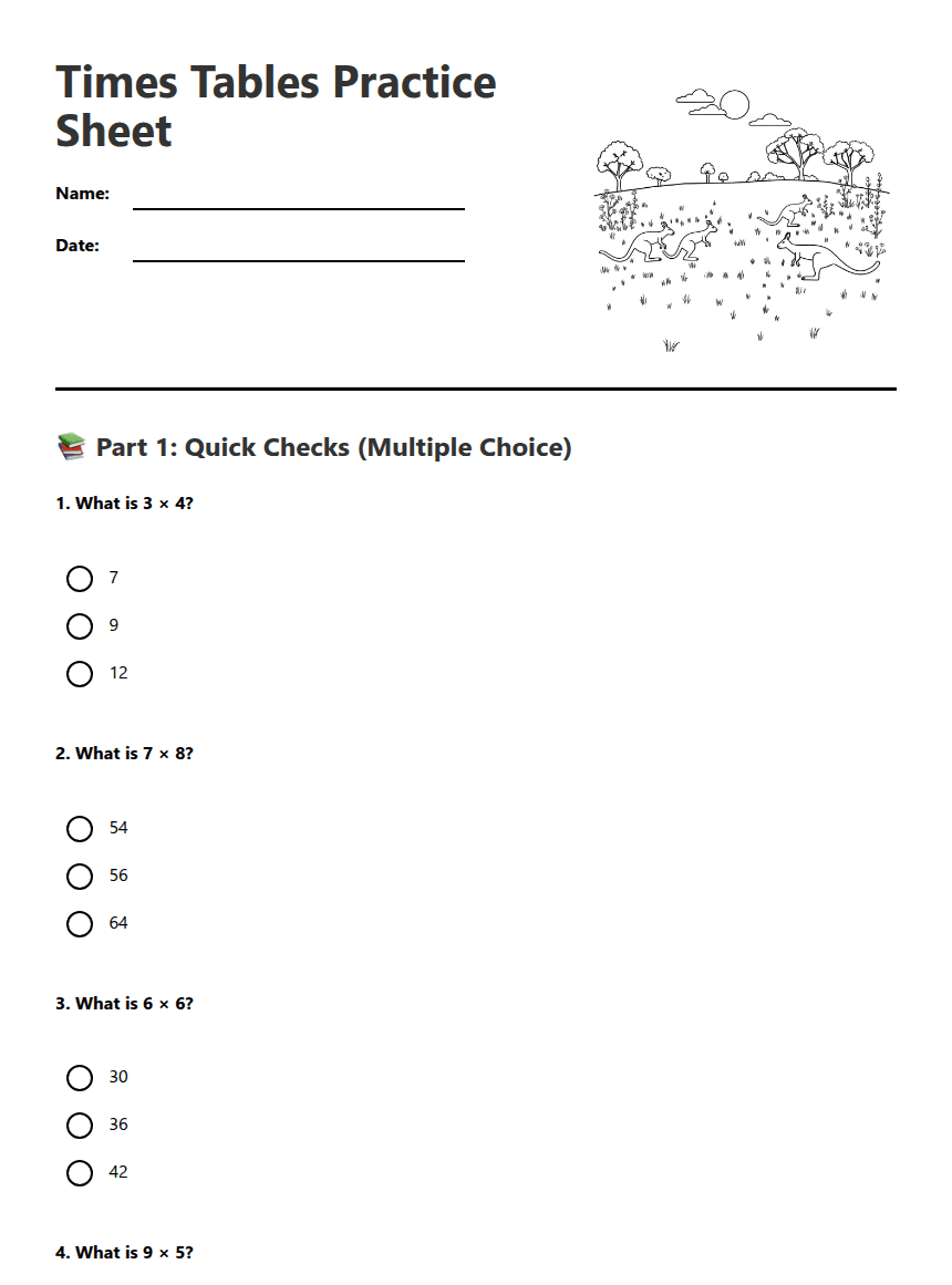 Times Tables Practice Sheet worksheet preview