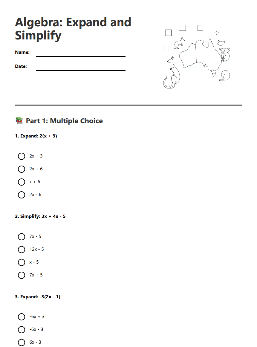 Algebra: Expand and Simplify worksheet preview