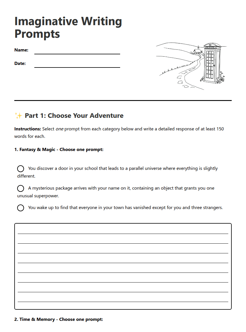 Imaginative Writing Prompts worksheet preview