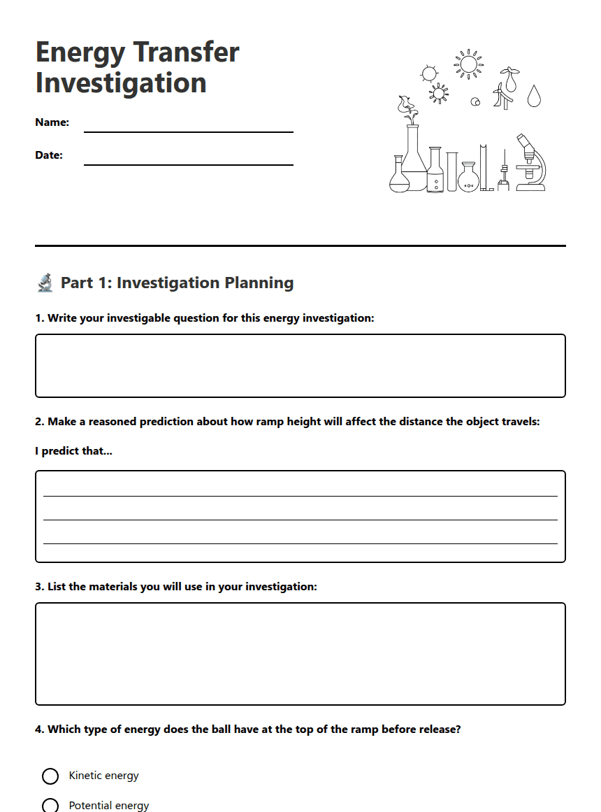 Energy Transfer Investigation worksheet preview