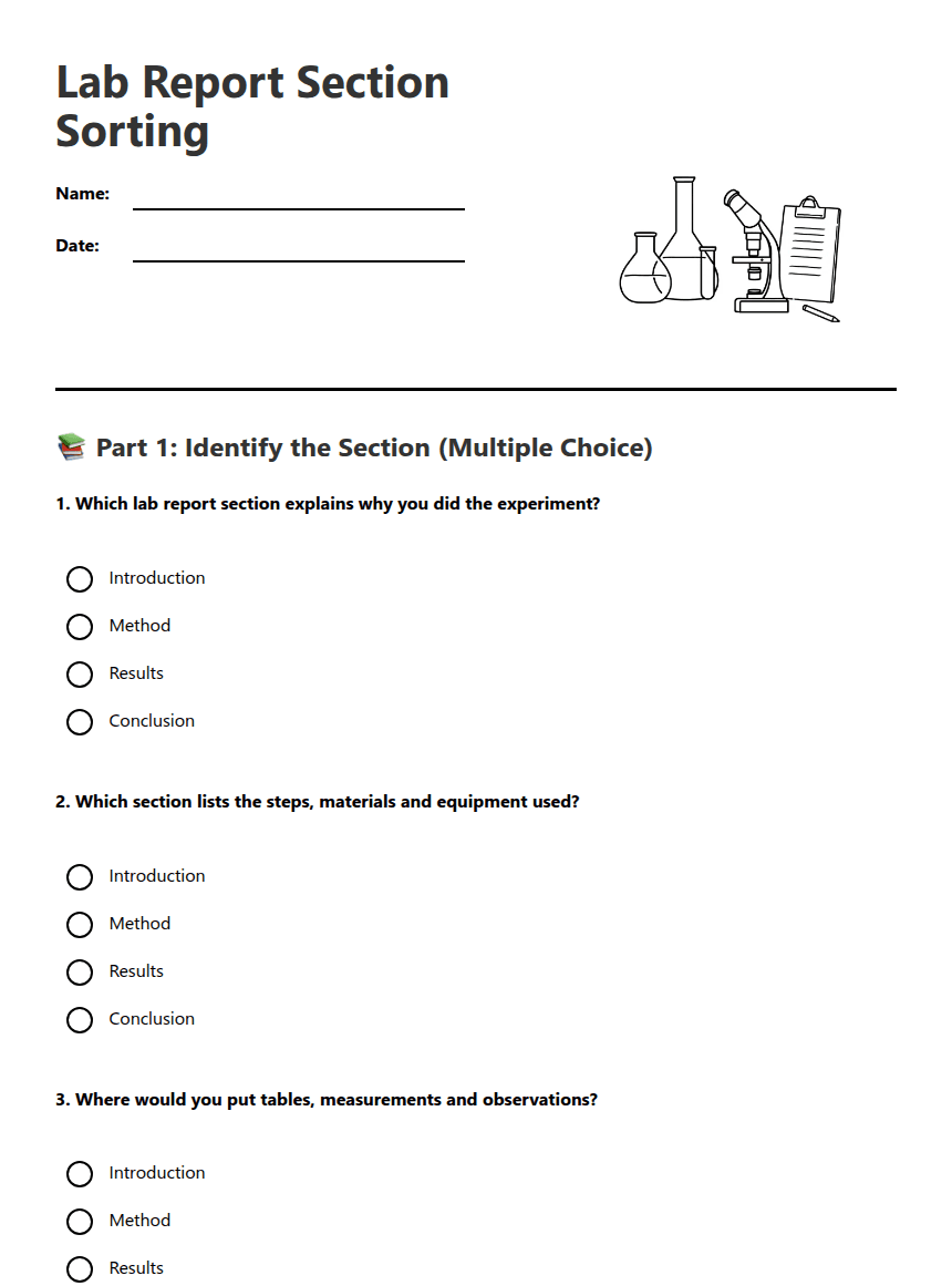 Lab Report Section Sorting worksheet preview