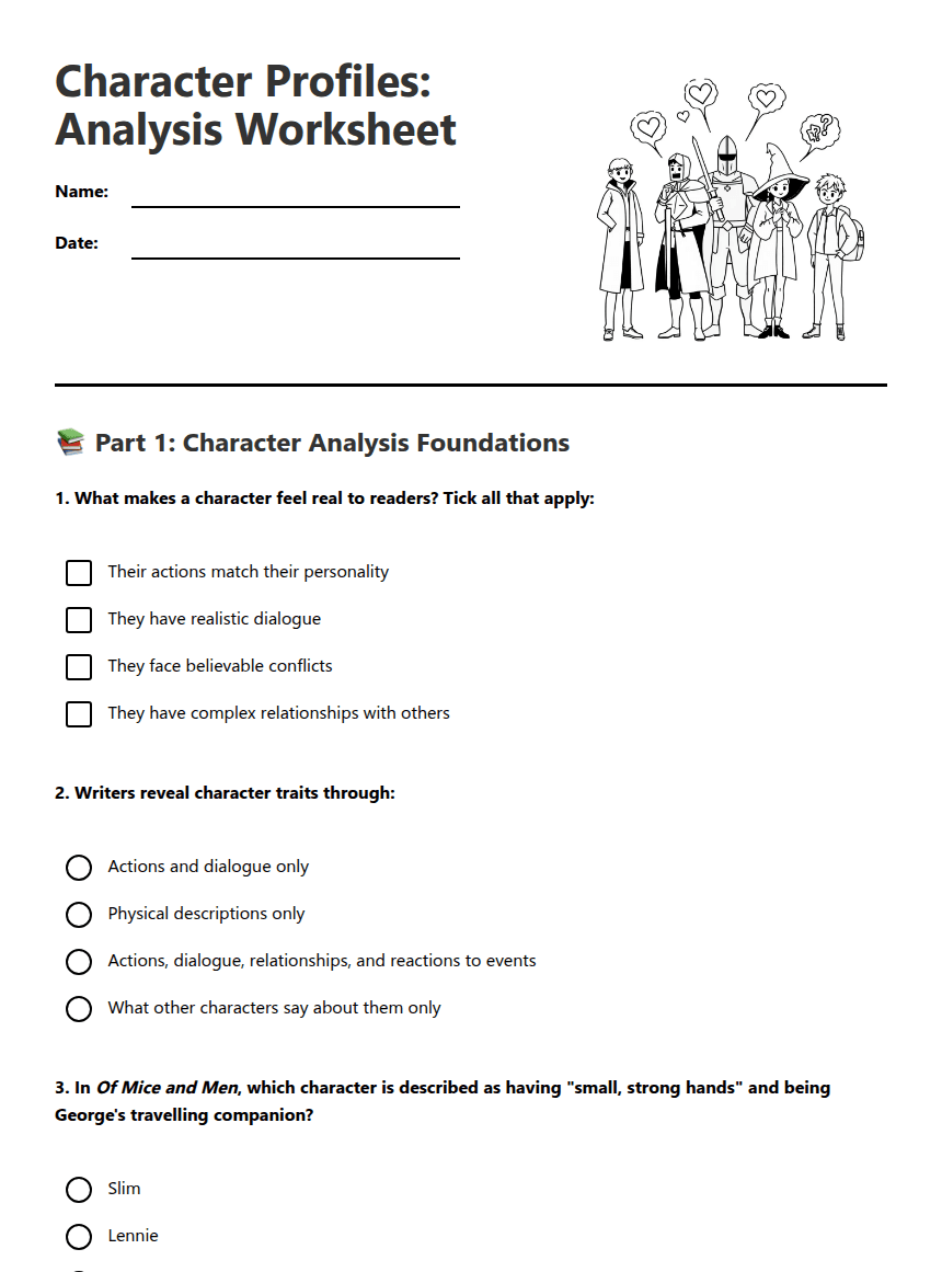 Character Profiles: Analysis Worksheet worksheet preview