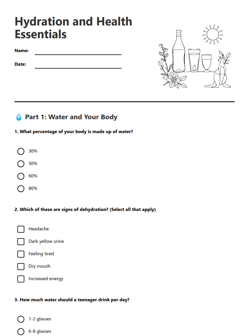 Hydration and Health Essentials worksheet preview