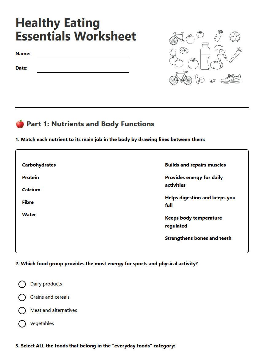 Healthy Eating Essentials Worksheet worksheet preview