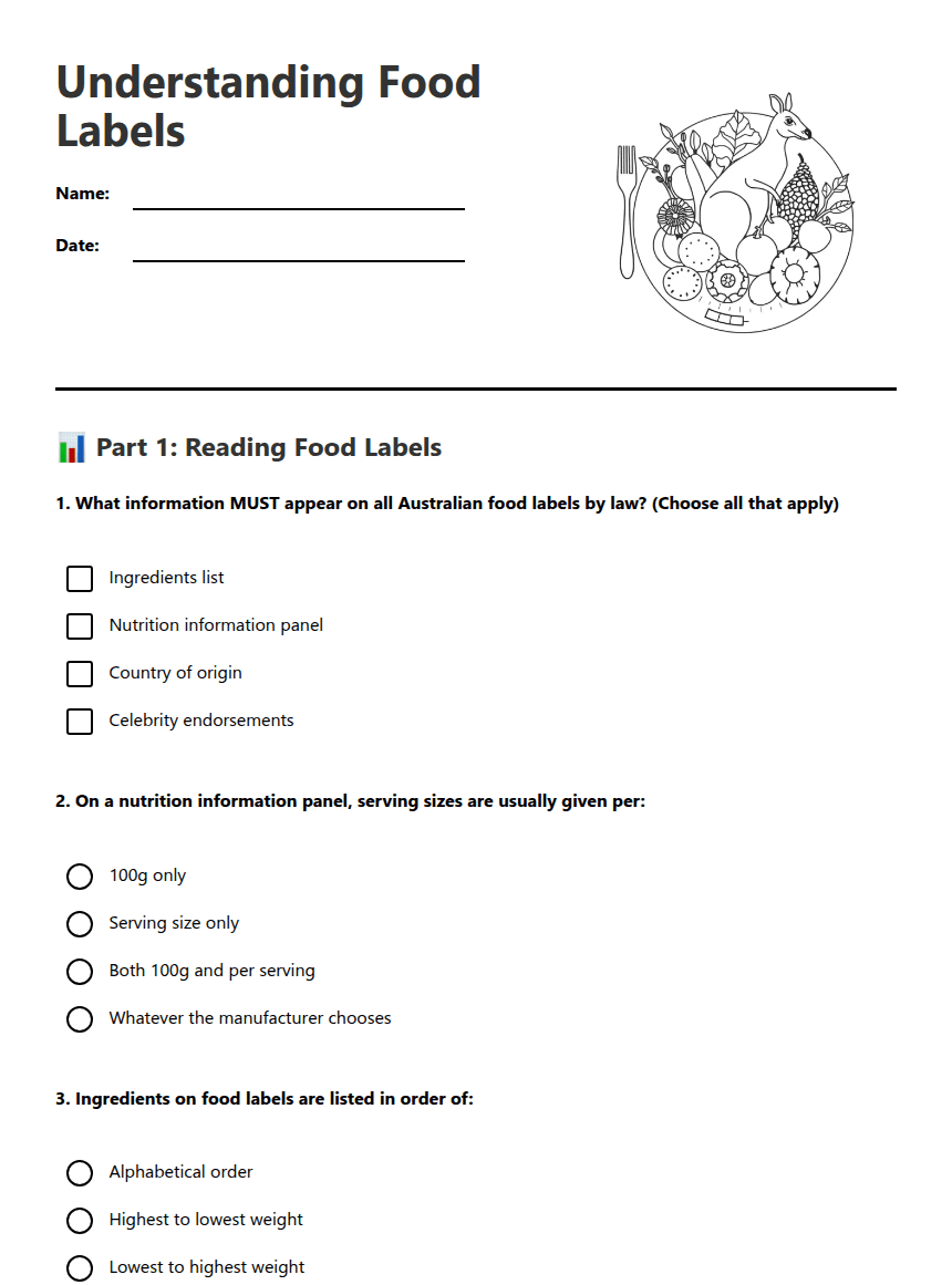 Understanding Food Labels worksheet preview